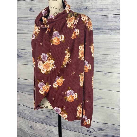 Maurices Shawl Wrap Cardigan Womens S Waffle Knit Red Floral Stretch 3/4 Sleeves - Picture 1 of 13